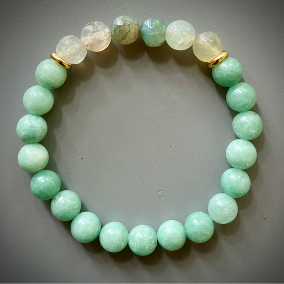 Green Amazonite and Blue Green Agate Handcrafted Bead Bracelet - Picture 2 of 4